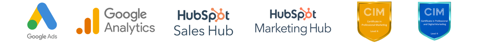 DJM Creative certifications: Google Ads, Google Analytics, HubSpot Sales Hub, HubSpot Marketing Hub, CIM Certificate in Professional Marketing, CIM Certificate in Professional and Digital Marketing